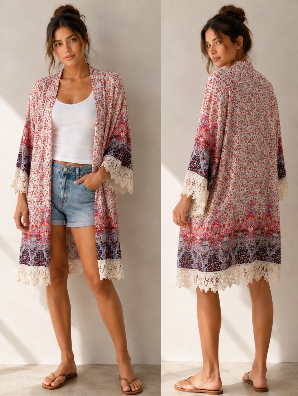 A-105 Gypsies & Moondust Boho Lace Trim Kimono Cover Up Size M